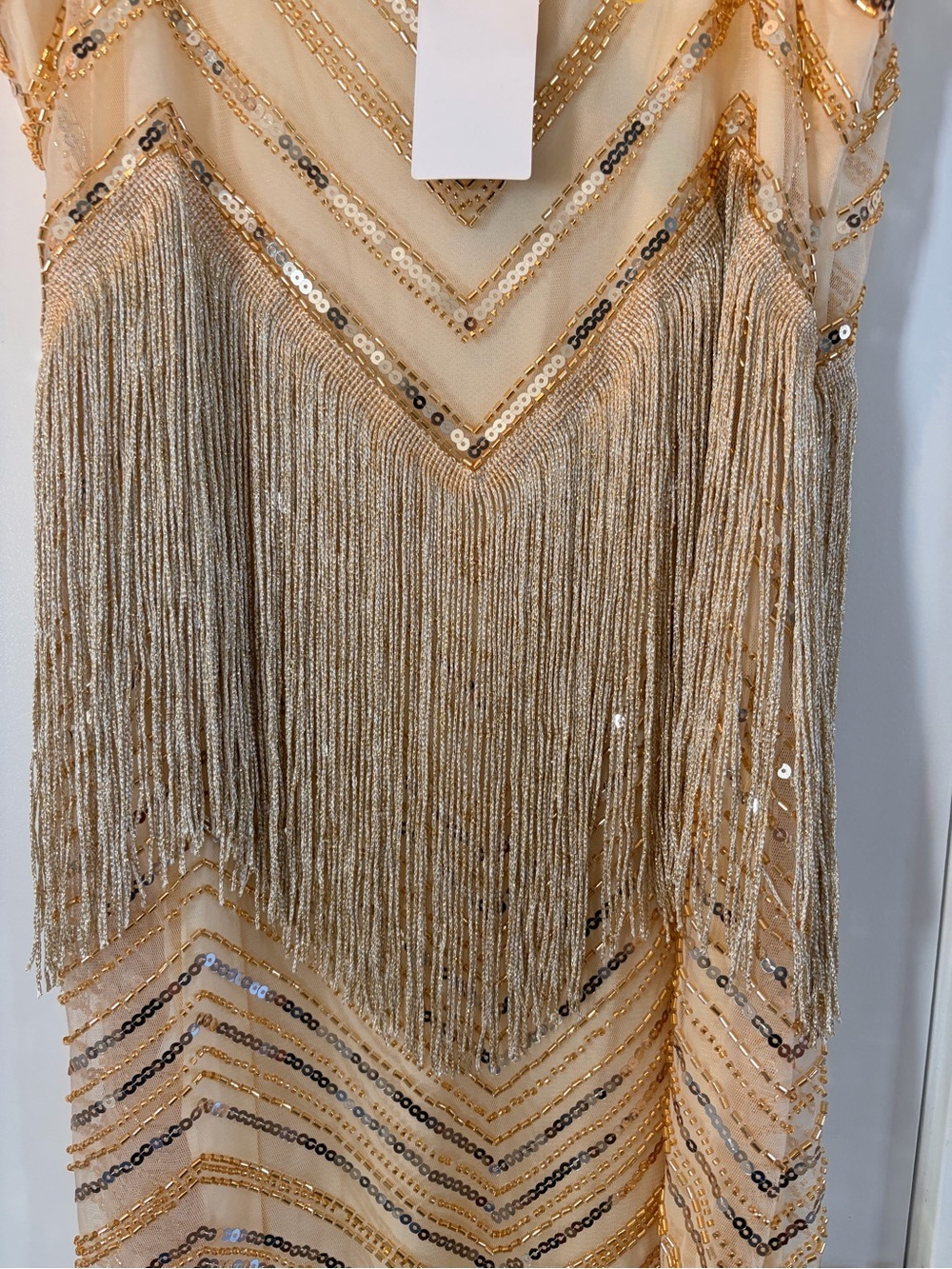 Gold Sequin Fringe Mini Dress with V-Neck Spaghetti Straps - Picture 5 of 7